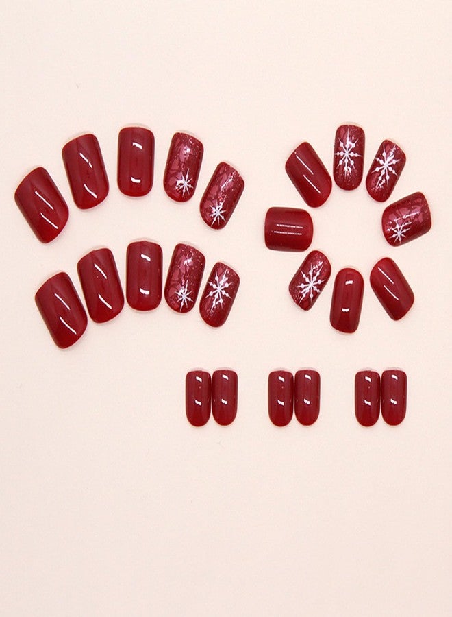 Vopintpy Red Christmas Press on Nails Short Square Winter Fake Nails Xmas Snowflake Acrylic False Nail Glossy Artificial Glue on Nail for Women DIY Manicure Decor - Image 2